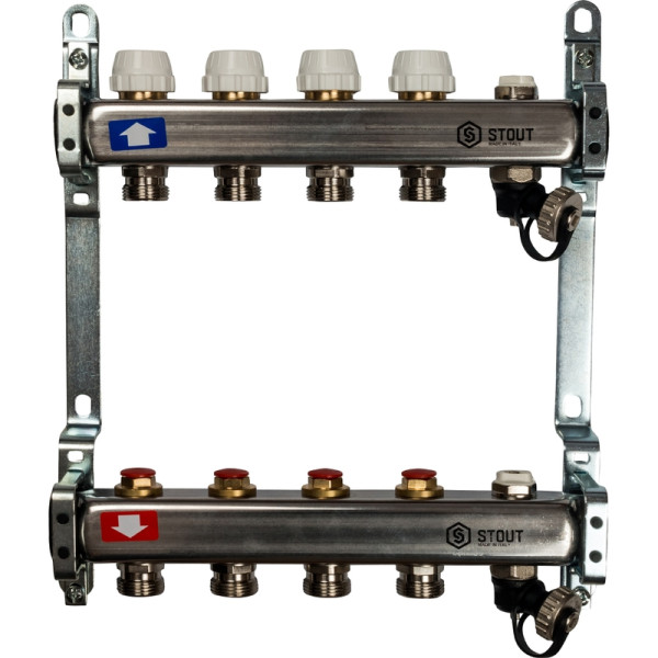 Коллектор из нержав. стали без расходомеров, с клапаном вып.воздуха и сливом 4 вых. STOUT