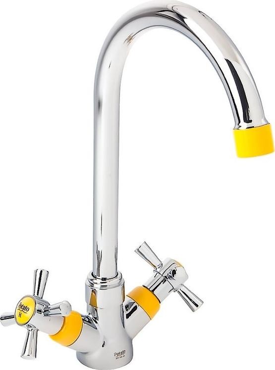 Смеситель д/кухни 2-ручк, керам к/б, хром,аэратор и ручк.желтые,поворот высок излив Potato P4054-10