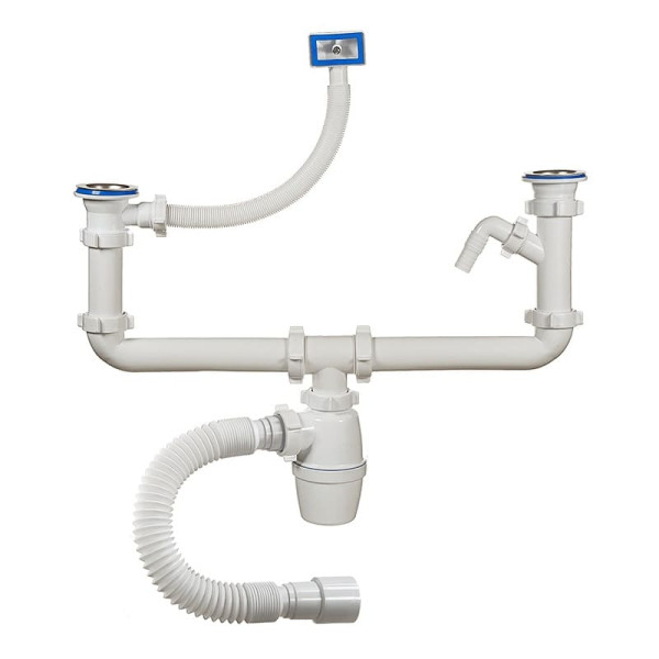 Сифон мойки 2чаши бут г/пер 1 1/2"х40 гофр 40х40/50 отв нерж/сетка  Орио А-40091