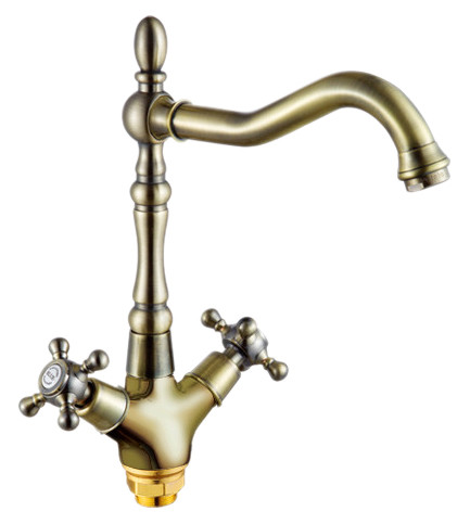 Смеситель д/кухни 2-ручк,керам к/б, бронза, поворот излив,креп гайка Potato P4360-2
