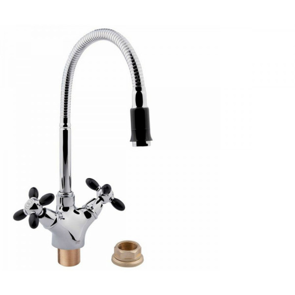 Смеситель д/кухни 2-ручк, керам к/б, хром, аэрат и ручки черн пов гибкий излив,  Potato P5860-6