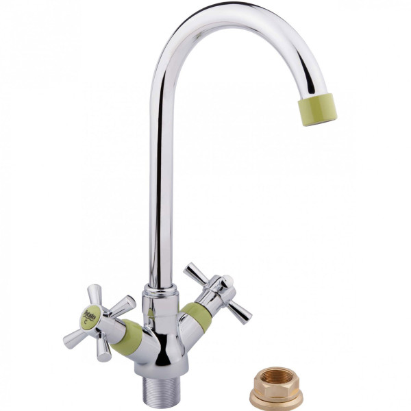Смеситель д/кухни 2-ручк,керам к/б, хром,аэратор и ручк.зеленые,пов.выс излив,кр гай Potato P4954-11