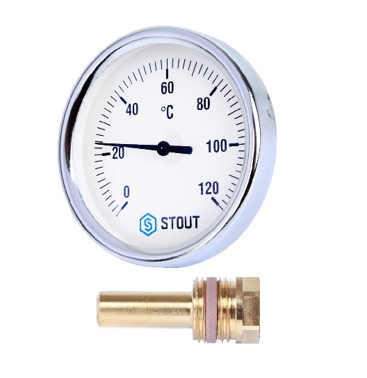 Термометр биметаллический 80мм с погружной гильзой 50мм, резьба с самоуплотнением 1/2", 0...120°С