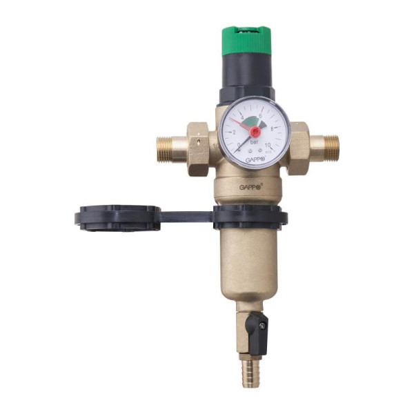 Фильтр со встроенным редуктором давления для горячей воды, латунный, Dn-1/2", Pn-25, +80, Gappo G141
