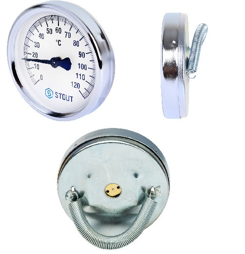 Термометр биметаллический накладной с пружиной. Корпус Dn 63 мм, 0...120°С, 1"-2"