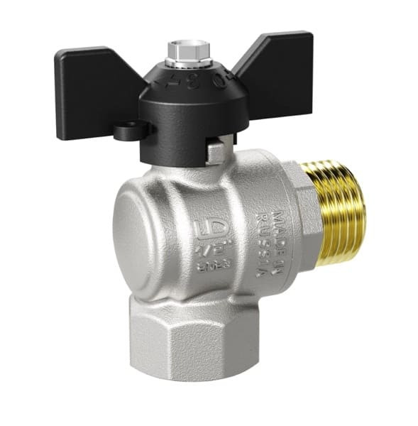 Кран угловой шаровой латунный никелир. Pride Ду 15 Ру40 ВР/НР полн. бабочка 11б27п1 LD 47.15.В-B.Б