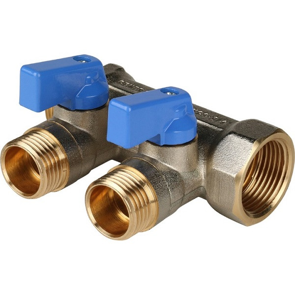 Коллектор распределительный 3/4", 2 отвода 1/2" с шаровыми кранами (синие ручки) STOUT
