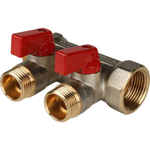 Коллектор распределительный 3/4", 2 отвода 1/2" с шаровыми кранами (красные ручки) STOUT