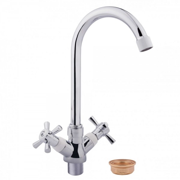 Смеситель д/кухни 2-ручк, керам к/б, хром,аэратор и ручк.белые,поворот высок излив Potato P4054-7