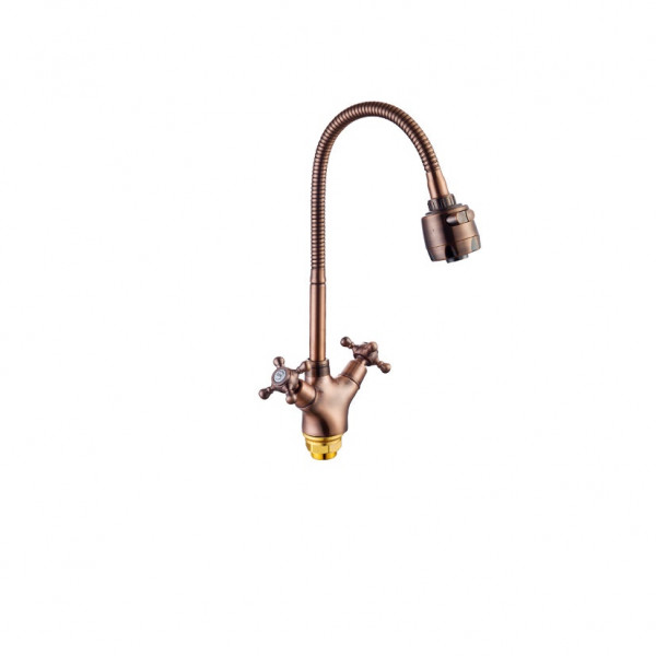 Смеситель д/кухни 2-ручк, керам к/б, красн.бронза,гиб.излив,крепл гайка Potato P5860-3